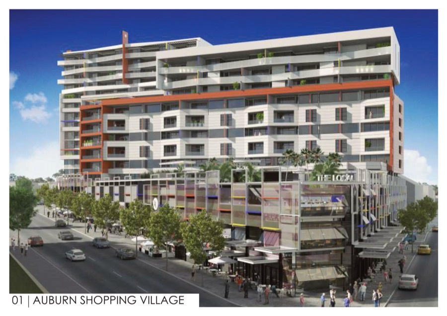 Auburn Road street perspective — retail podium and residential tower